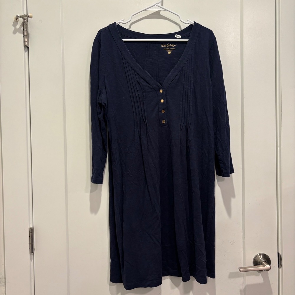 Lilly Pulitzer Navy Blue Cotton Slub Pintuck 3/4 Sleeve V-Neck Dress Medium